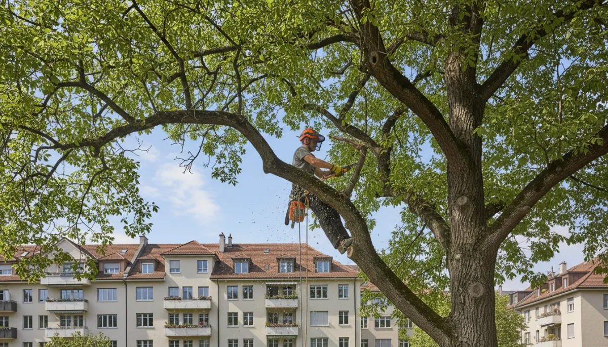 photorealistisch, zertifizierter Baumpfleger mit Kletterausrüstung arbeitet in einer grossen Baumkrone in einem ruhigen Zürcher Wohnquartier, im Hintergrund typische Stadtzürcher Mehrfamilienhäuser und ein heller Himmel, neutrale Farben, klarer, realistischer Fotostil