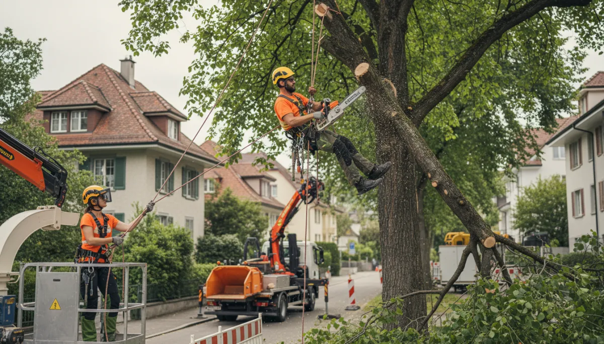 photorealistic neutral-toned scene of professional arborists performing a controlled tree removal in a Zurich residential neighborhood, using climbing gear and chainsaw, with safety helmets and high-visibility clothing, subtle view of Zurich style houses in background