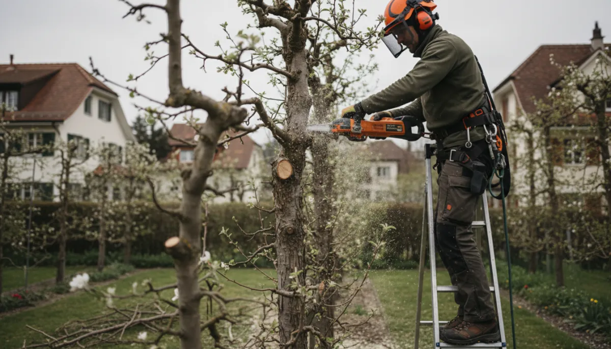 photorealistic close-up of an arborist cutting branches of a fruit tree in early spring in a Zurich suburban garden, soft neutral colors, light overcast sky, subtle view of Zurich style houses in the background