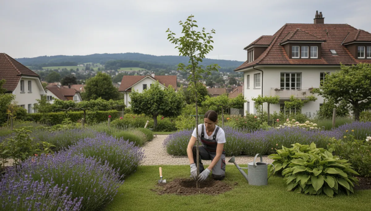 photorealistic scene of a gardener planting a young tree in a well-kept Zurich single-family home garden, view of Zurich-style houses and distant hills in neutral daylight tones, subtle overlay space for text in upper third