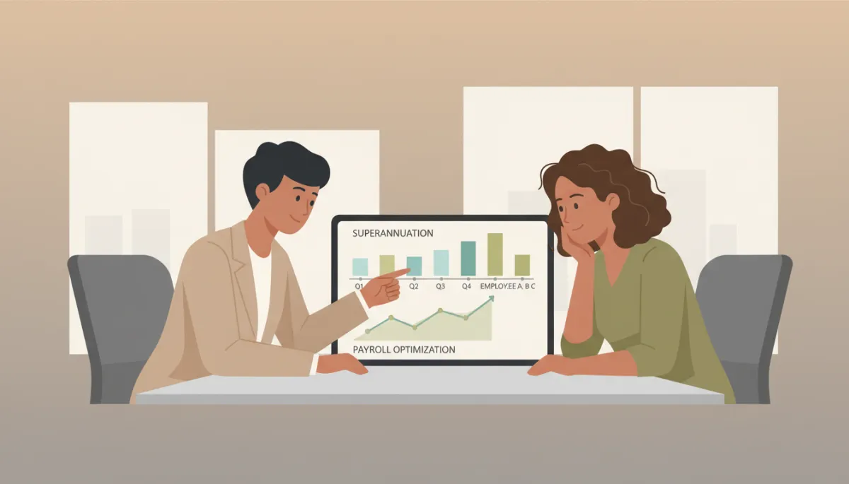 Accountant showing small business owner how payroll software handles Payday Super Accountant showing small business owner how payroll software handles Payday Super