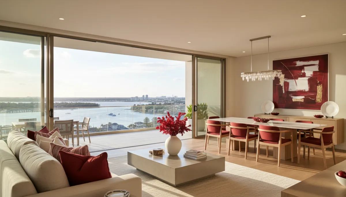 Photorealistic interior of a luxury coastal sky home overlooking the Broadwater