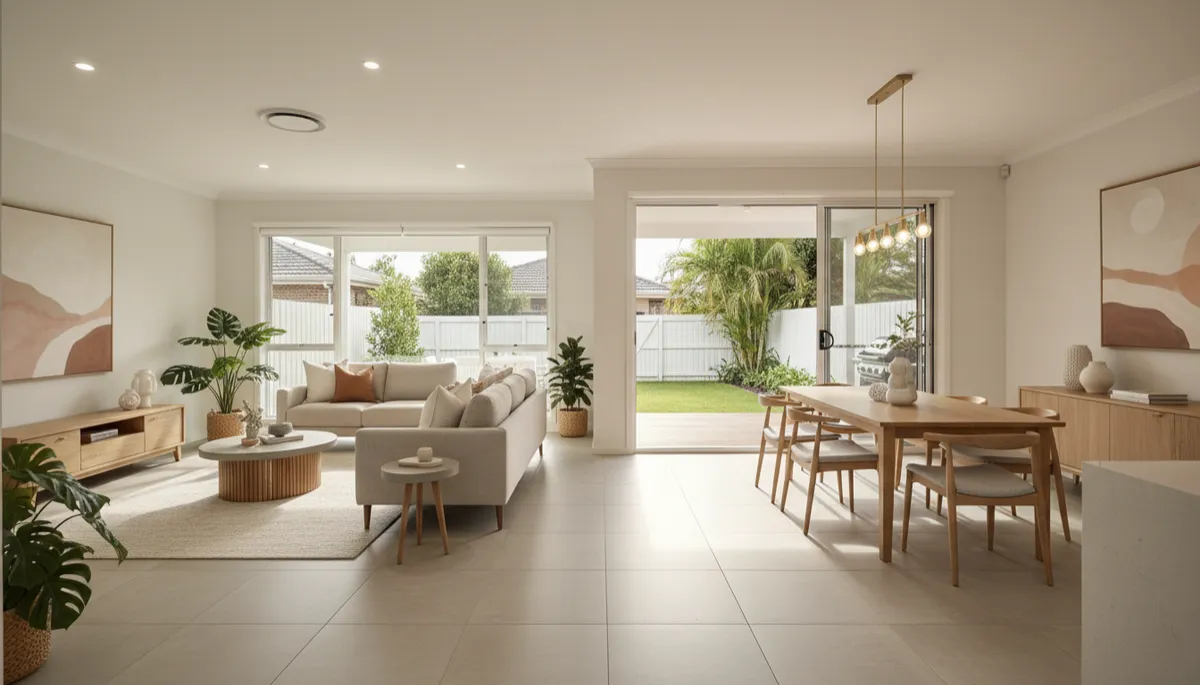 Photorealistic interior of open-plan living area in Loganlea investment property Photorealistic interior of open-plan living area in Loganlea investment property