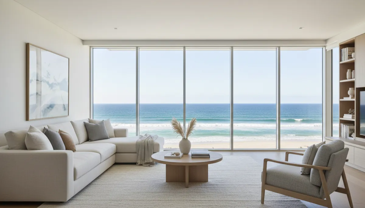 Photorealistic interior of a modern Burleigh Heads beachside apartment living area Photorealistic interior of a modern Burleigh Heads beachside apartment living area
