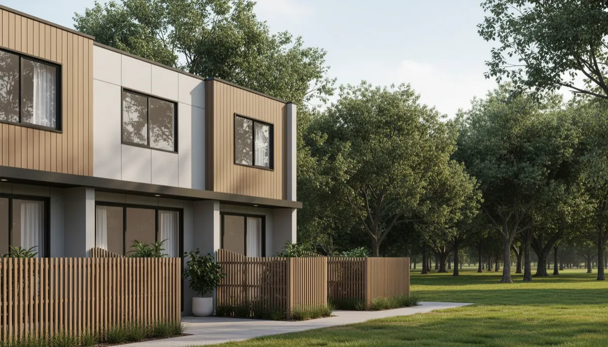 Photorealistic Melbourne townhouse terraces backing onto leafy parkland Photorealistic Melbourne townhouse terraces backing onto leafy parkland