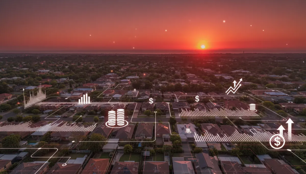 photorealistic aerial view of Australian suburban houses at sunset with deep red and white colour accents overlaid as data graphics and tax icons, professional financial theme