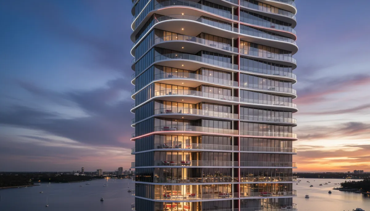 photorealistic twilight view of a luxury Gold Coast sky home tower in Biggera Waters, expansive glass balconies glowing with warm interior light, reflections of the Broadwater below, subtle deep red #8C1D1E and white accents in exterior lighting and furnishings, dramatic coastal sky in the background