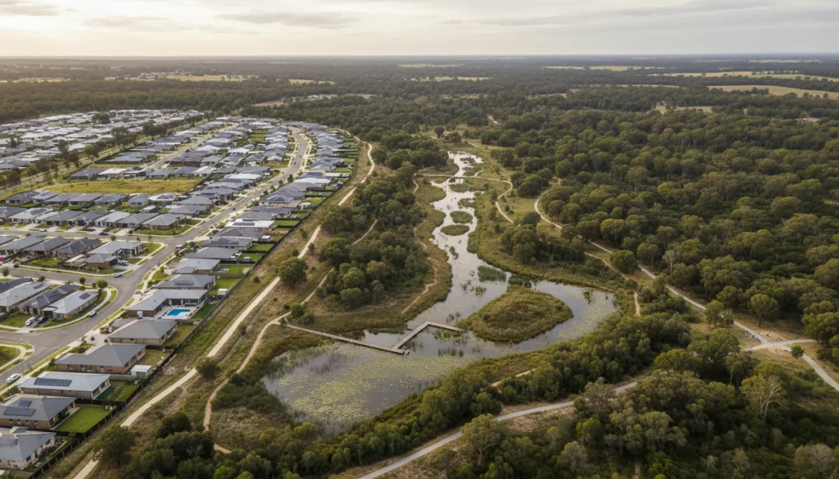 photorealistic aerial view of a new Australian suburban estate with neatly planned streets and modern homes bordering a protected bushland corridor with native trees and a small wetland under soft neutral daylight tones