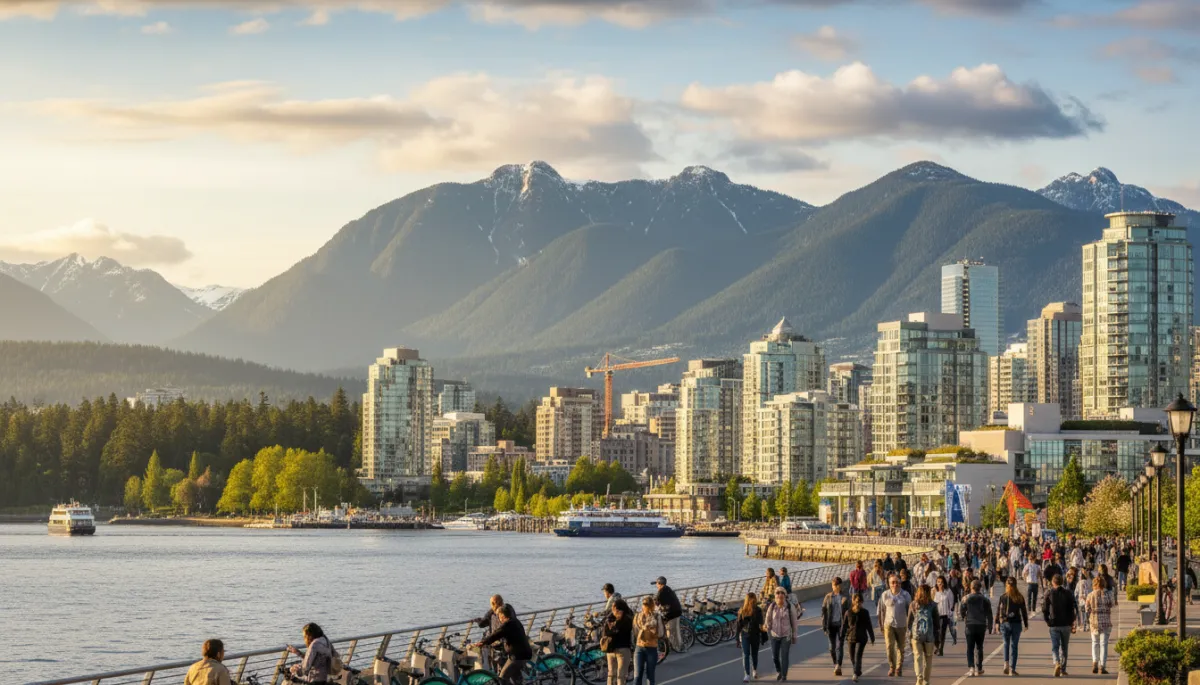 Professional street scene in a lively Vancouver neighbourhood with cafes and pedestrians