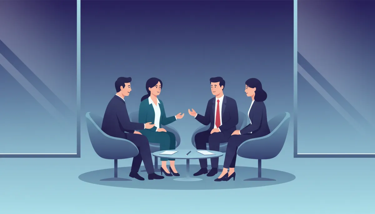 Small circle of business owners supporting each other in conversation Small circle of business owners supporting each other in conversation