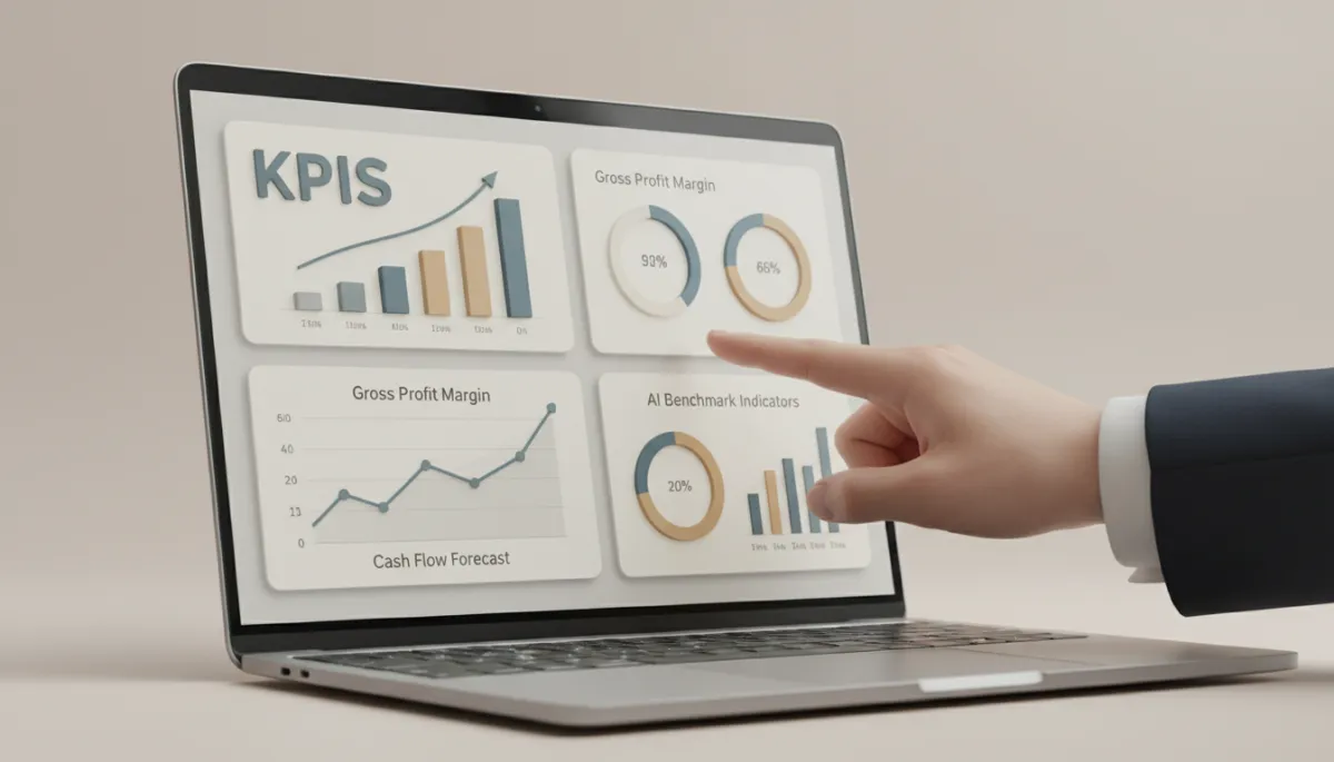 professional neutral-toned close-up of a financial dashboard on a laptop showing KPIs, gross profit margin, cash flow forecasts, and AI benchmark indicators, with a hand pointing at a chart during a strategy meeting, professional photography style professional neutral-toned close-up of a financial dashboard on a laptop showing KPIs, gross profit margin, cash flow forecasts, and AI benchmark indicators, with a hand pointing at a chart during a strategy meeting, professional photography style