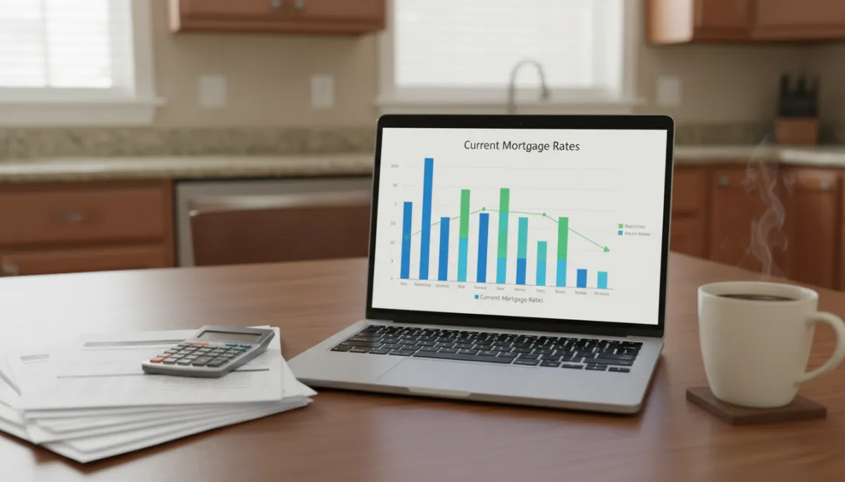 Homeowner reviewing mortgage rate trends and payment options at a kitchen table