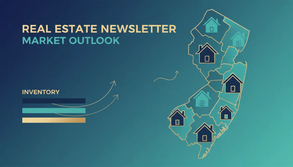 professional graphic/infographic map of Somerset and Morris Counties NJ with stylized houses, inventory bars, and subtle trend arrows in Navy #12304A, Teal #00A6A6, and Gold #D5A63A, clean layout with text overlay for newsletter title