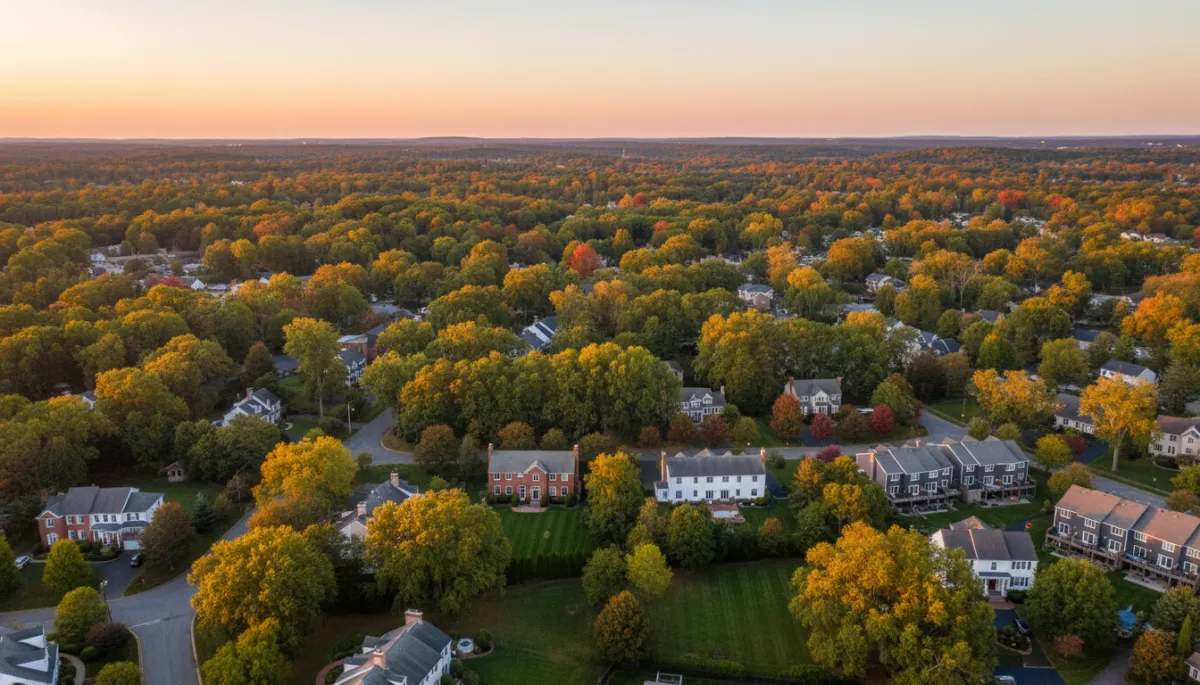 photorealistic aerial view of tree-lined New Jersey suburban neighborhood in late summer with hints of early fall color, mix of single-family colonials and townhomes, quiet streets and well-kept lawns, distant view of rolling hills under soft evening light