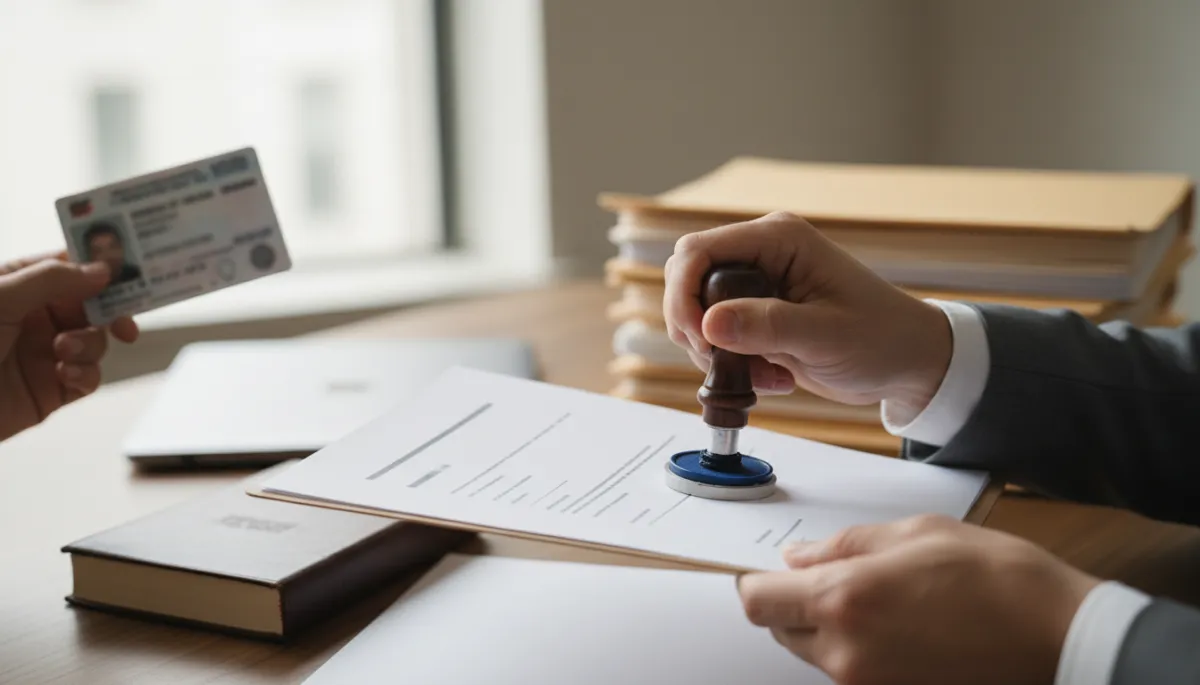 Notary verifying identification while stamping a legal document Notary verifying identification while stamping a legal document