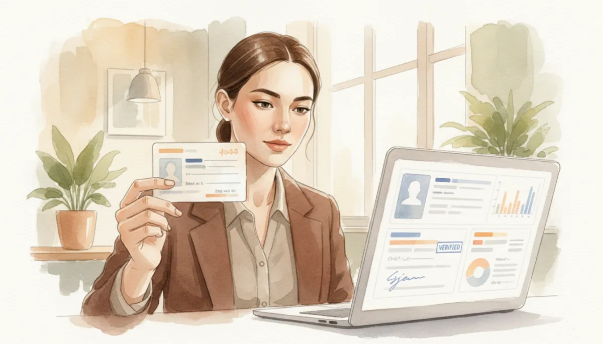 Analyst cross-checking ID document details against digital records Analyst cross-checking ID document details against digital records