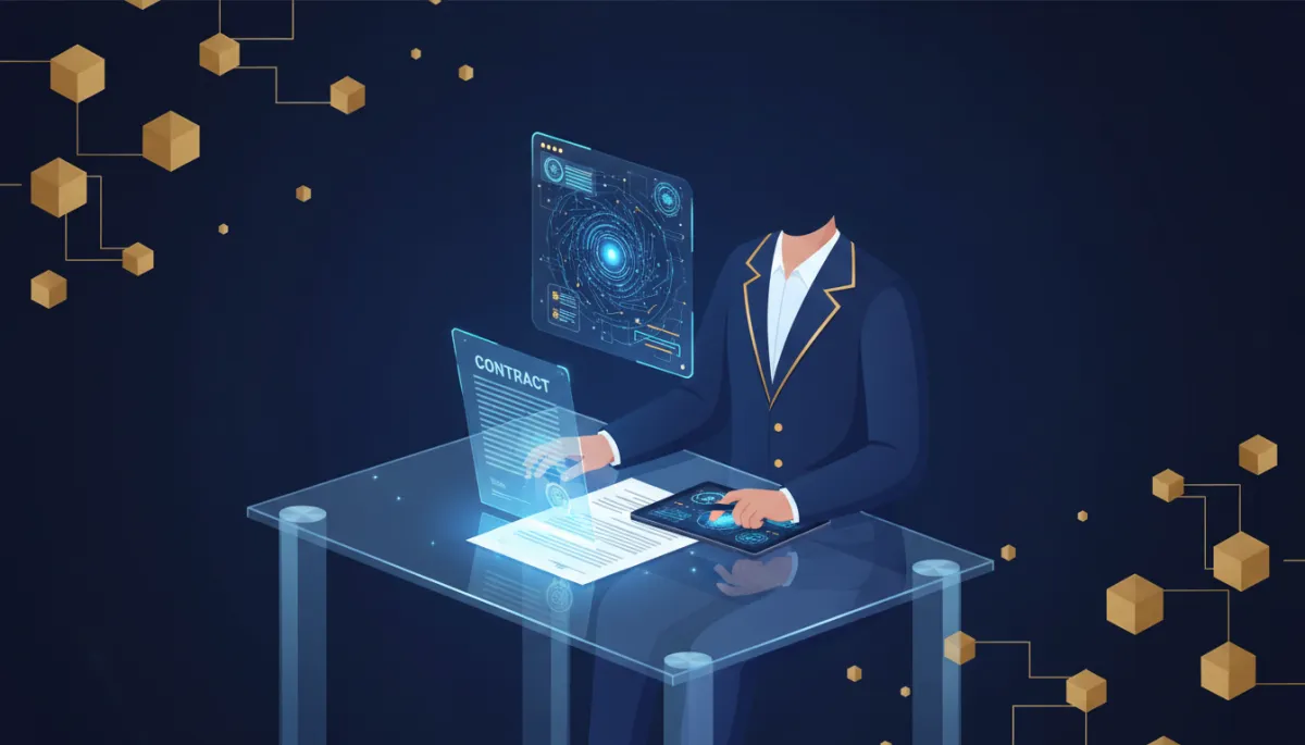 futuristic notary office with holographic contract on glass table, AI assistant interface projected in mid-air, notary using a tablet while blockchain-style data blocks flow across a midnight navy background with accents of sovereign gold