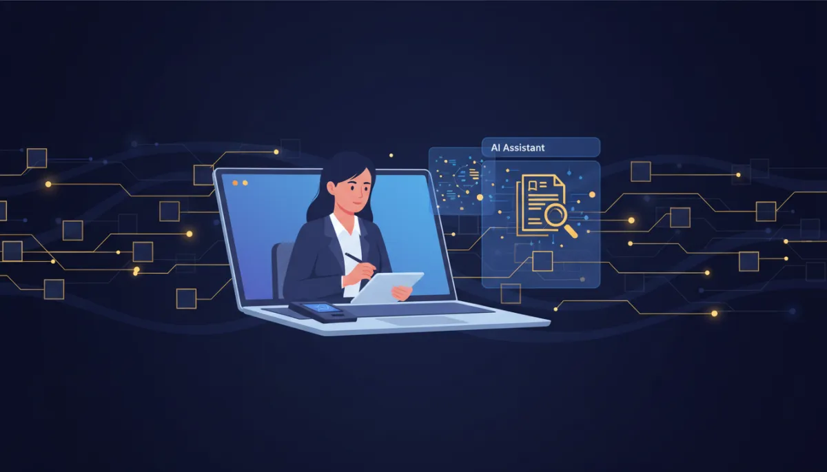 professional remote online notary on a laptop screen, AI assistant sidebar analyzing a digital document, blockchain-style data blocks flowing across a midnight navy background with sovereign gold highlights