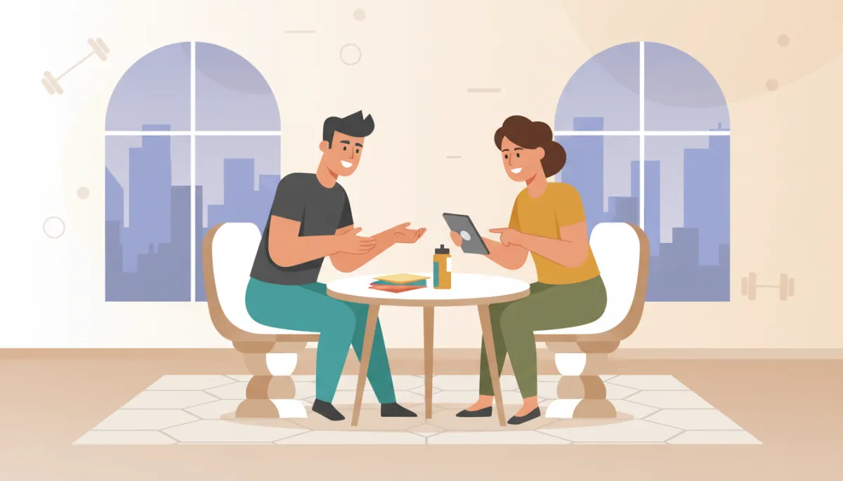 Persoonlijk gesprek tussen coach en klant in een rustige trainingsstudio Persoonlijk gesprek tussen coach en klant in een rustige trainingsstudio