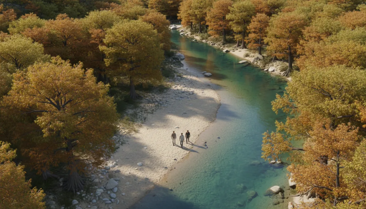 Peaceful stretch of the Frio River lined with cypress trees in early fall