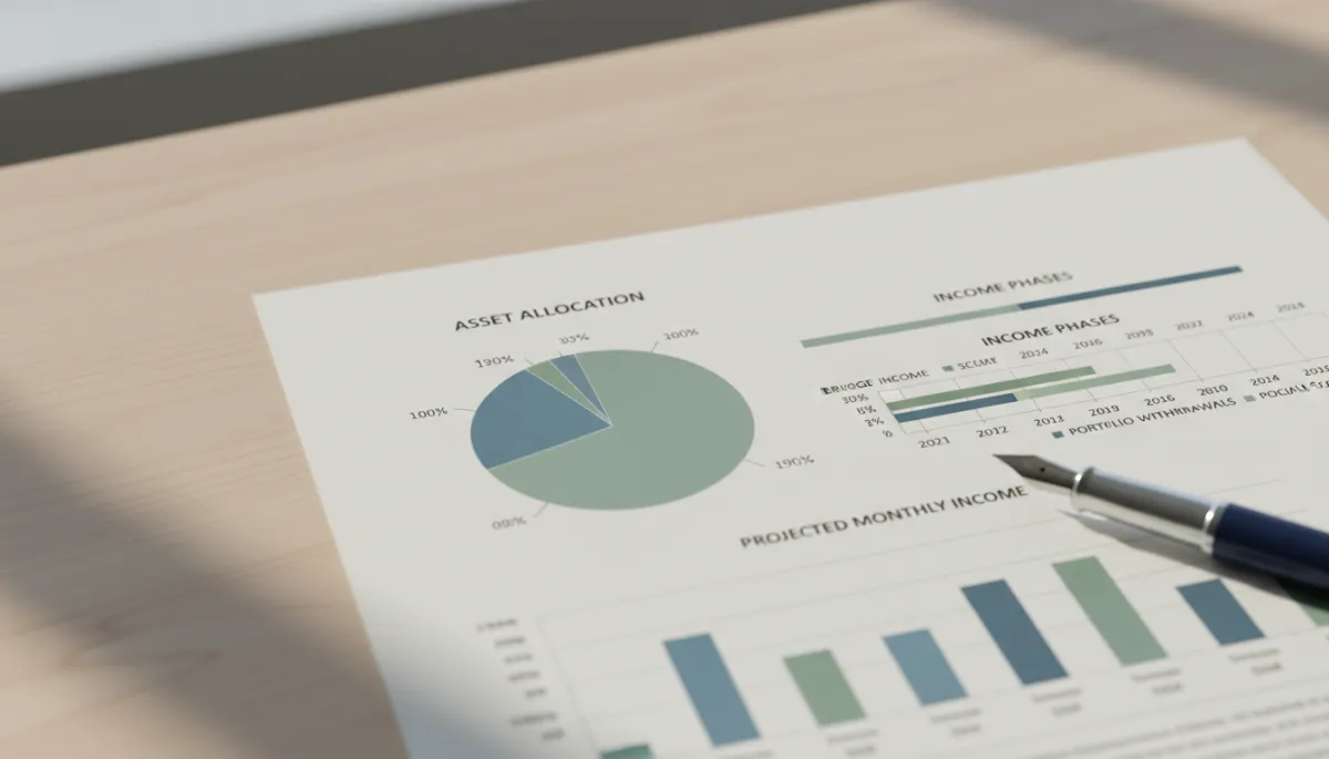 Printed retirement income plan with charts and timelines on a desk