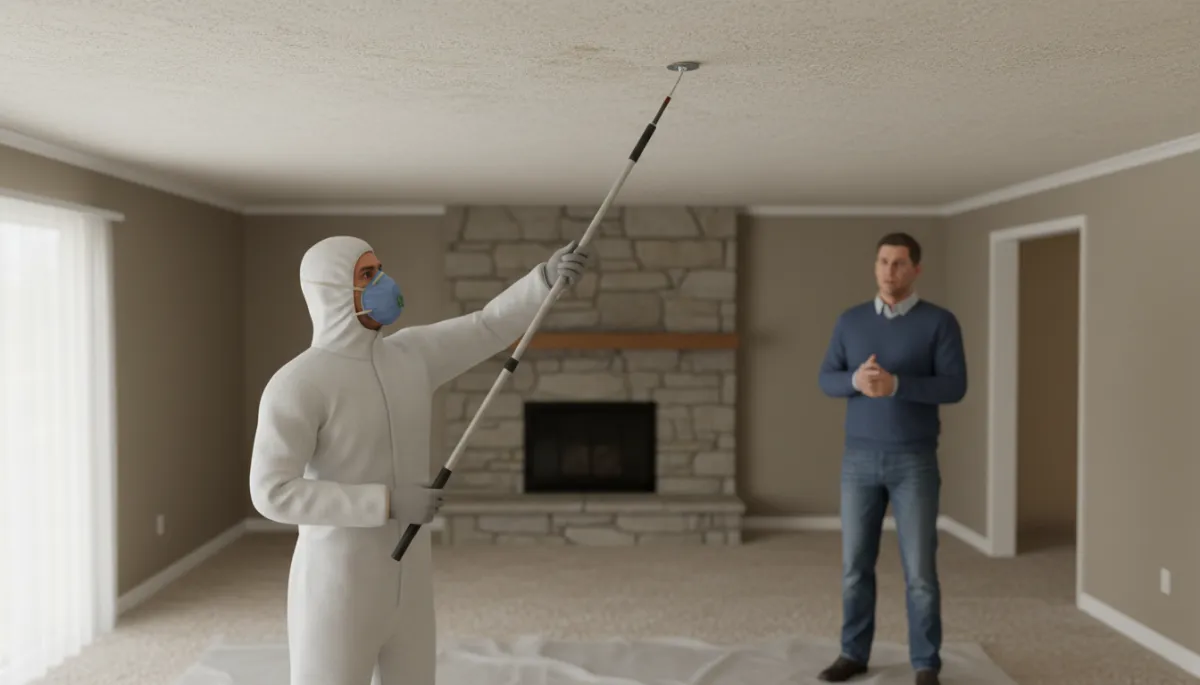 Inspector taking an asbestos sample from a ceiling in an older Evanston home Inspector taking an asbestos sample from a ceiling in an older Evanston home
