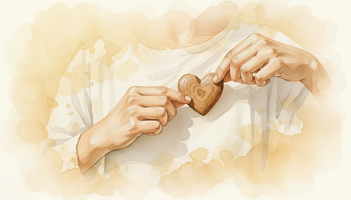 Hands gently holding a wooden heart over the chest in a calm setting Hands gently holding a wooden heart over the chest in a calm setting