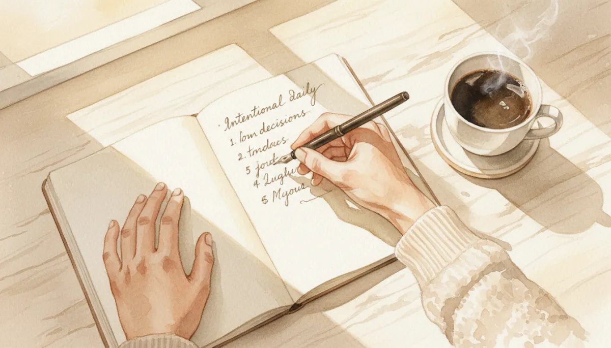 Person writing a list of intentional daily decisions in a neutral-toned notebook Person writing a list of intentional daily decisions in a neutral-toned notebook