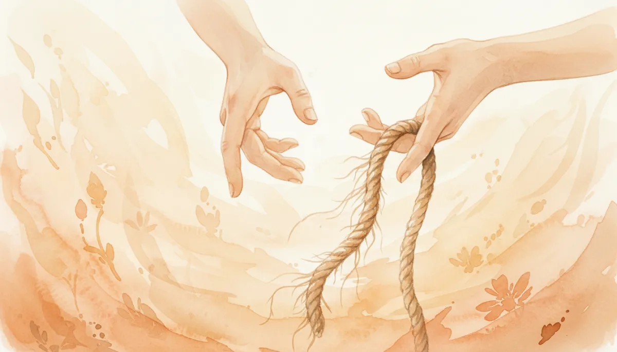 Hands releasing a worn rope in soft neutral light Hands releasing a worn rope in soft neutral light