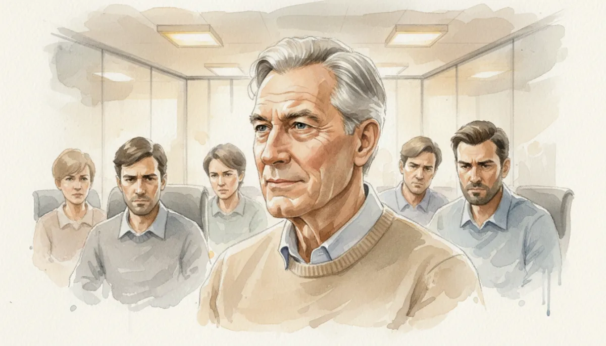 Senior engineer listening calmly while others in the meeting look stressed