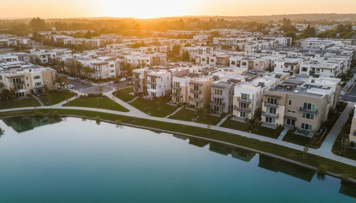 Aerial view of Foster City waterfront homes and lagoon at golden hour