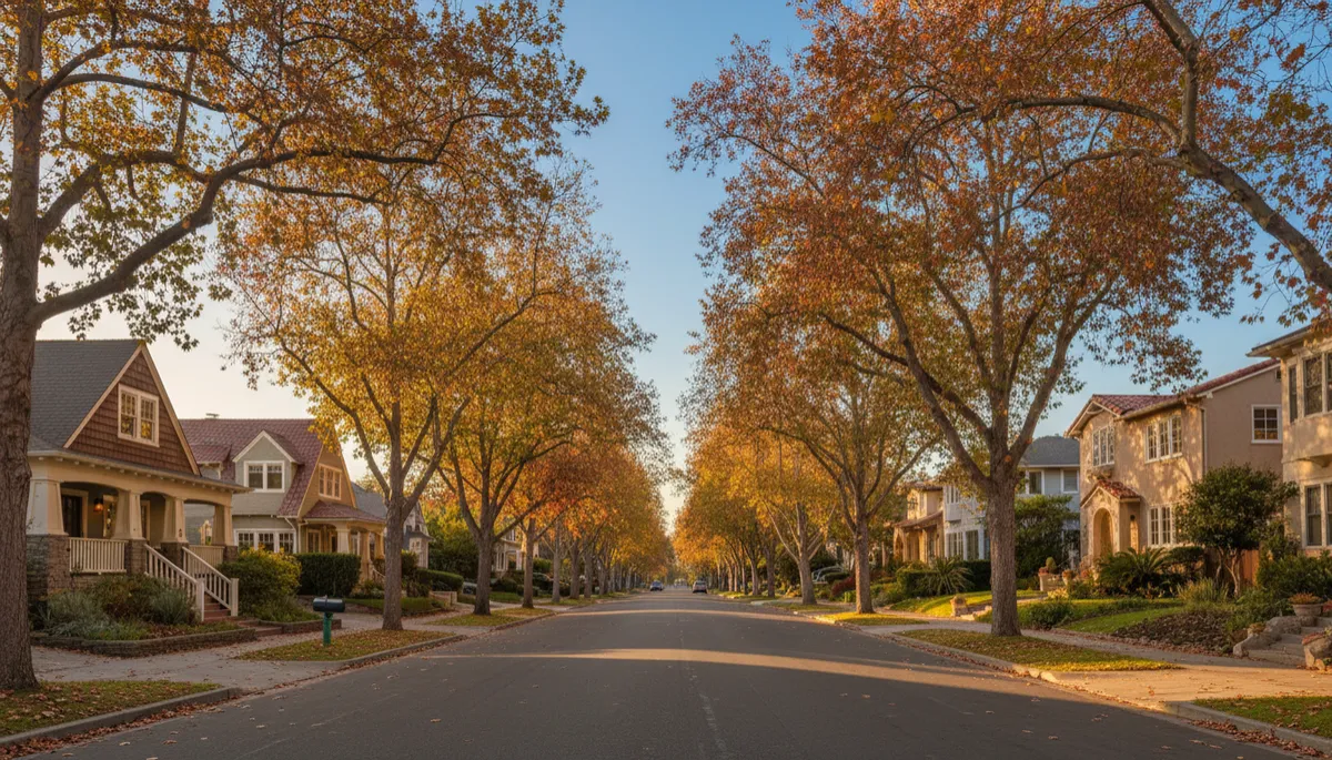 Tree-lined residential street with homes and fall foliage in Burlingame