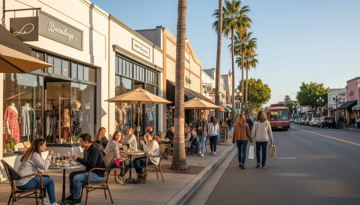 Downtown Burlingame Avenue with shops and sidewalk cafés