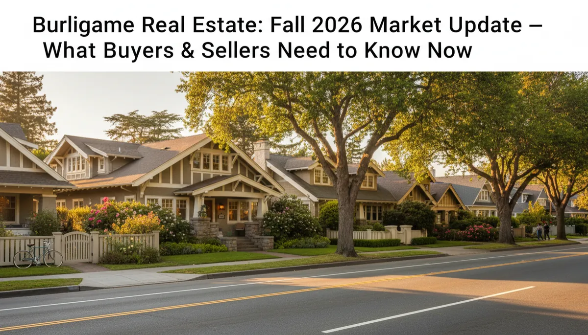 photorealistic golden-hour Bay Area suburban street scene in Burlingame with classic craftsman homes, warm California light, tree-lined boulevard, subtle gray and white accents, professional real estate photography style, title text overlay reading 'Burlingame Real Estate: Fall 2026 Market Update — What Buyers & Sellers Need to Know Now' in clean modern font