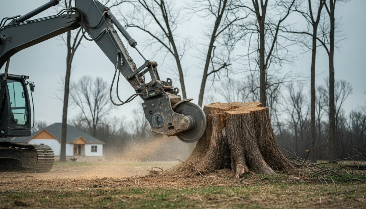 Excavator removing a large tree stump from a residential lot Excavator removing a large tree stump from a residential lot