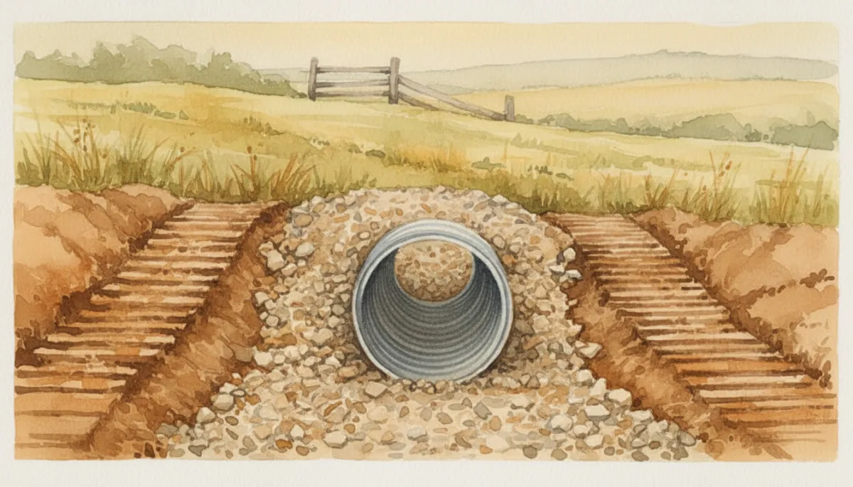Close-up of a properly installed driveway culvert with compacted gravel in Wisconsin