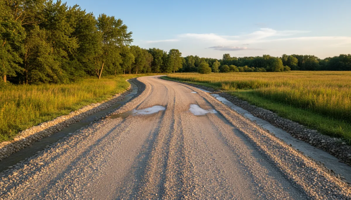 Crowned rural gravel driveway with side ditches for drainage
