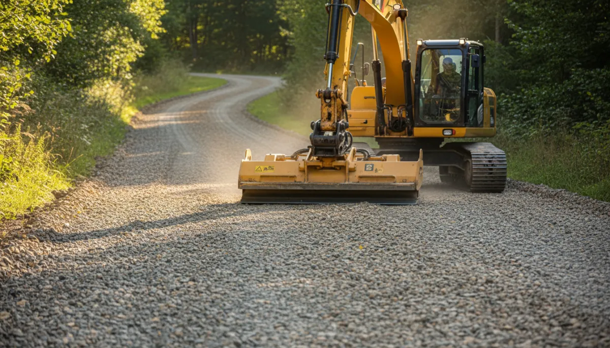 Excavator compacting a layered gravel base on a rural driveway