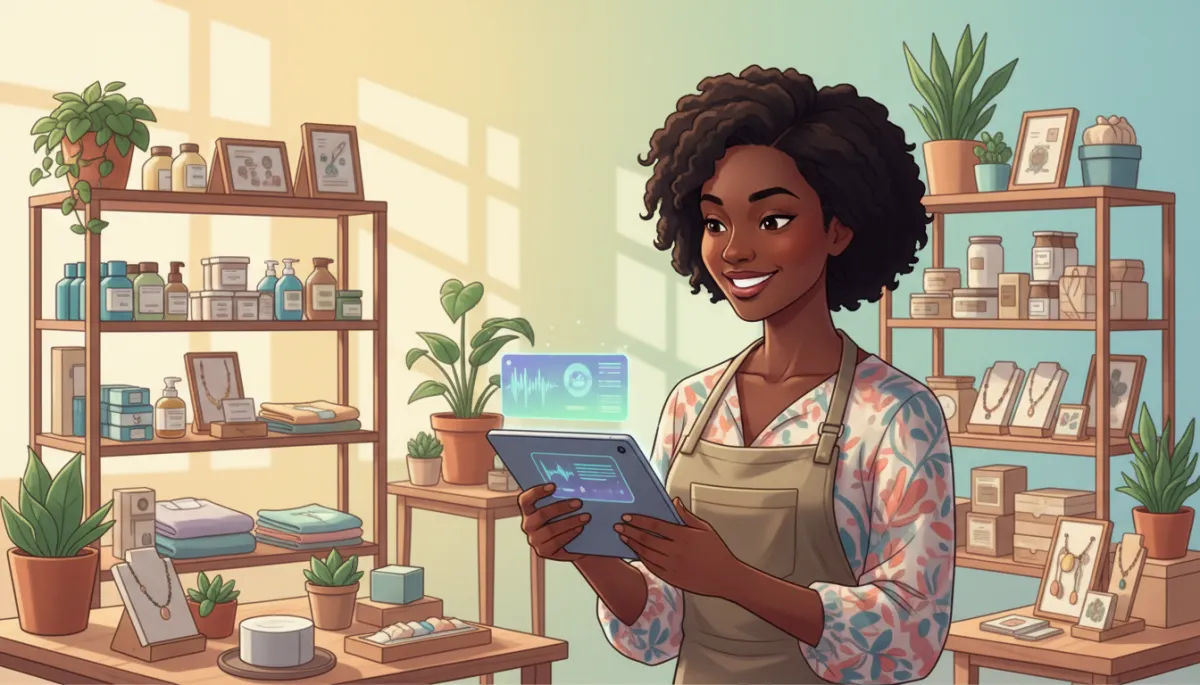 A realistic image of a Black woman retail shop owner checking an AI voice agent dashboard on a tablet in her store. She is smiling and engaged, surrounded by products, with the tablet screen displaying a user-friendly AI interface. A realistic image of a Black woman retail shop owner checking an AI voice agent dashboard on a tablet in her store. She is smiling and engaged, surrounded by products, with the tablet screen displaying a user-friendly AI interface.