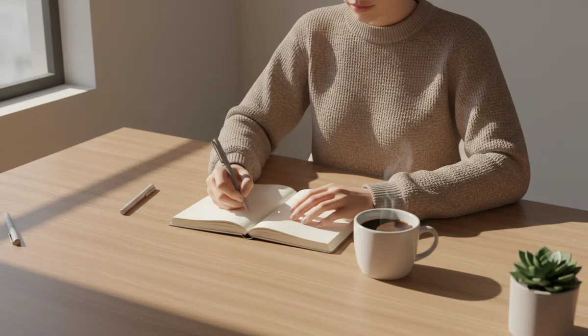 Person journaling to practice mindful and compassionate self-reflection Person journaling to practice mindful and compassionate self-reflection