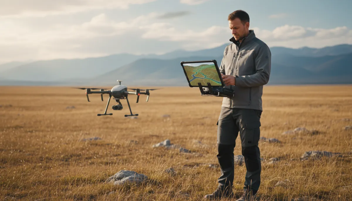 Topógrafo revisando en tablet un modelo 3D generado por dron