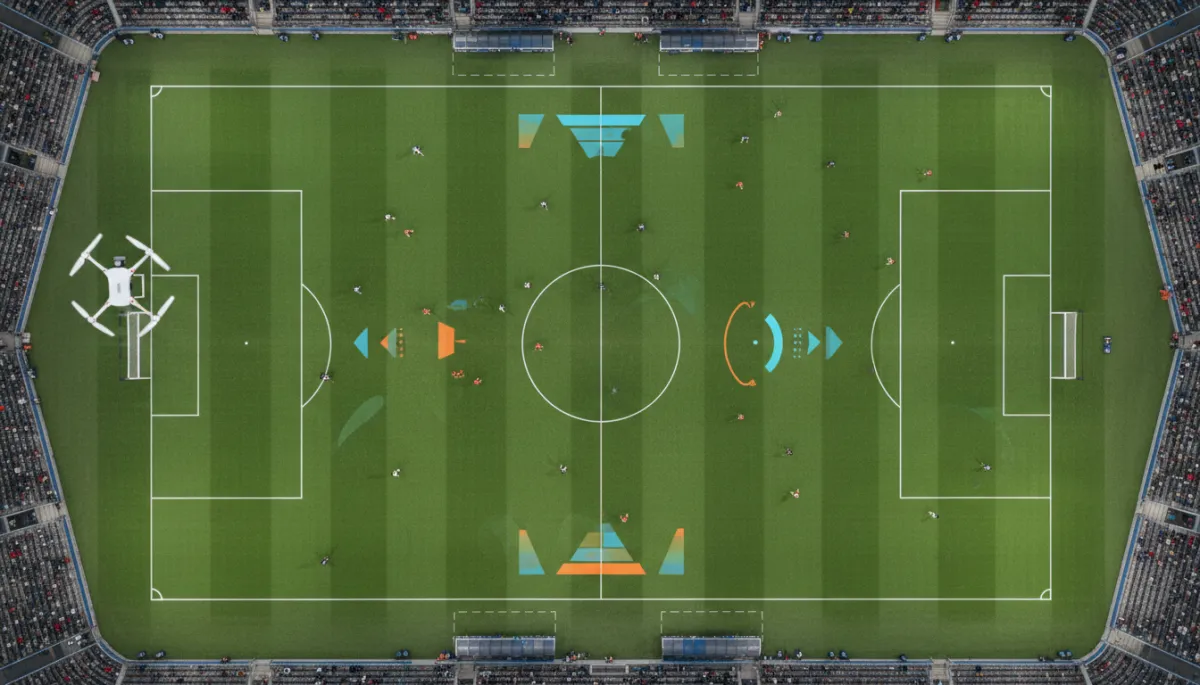 Dron grabando un partido de fútbol con estadísticas sobreimpresas