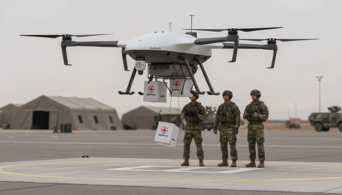 Dron logístico entregando suministros médicos en una zona de operaciones