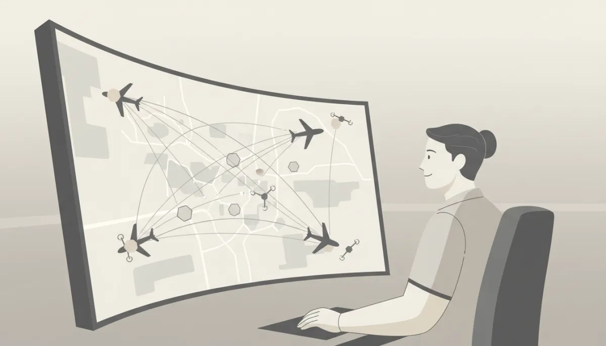 Ilustración moderna y limpia de un controlador gestionando tráfico de aviones y drones