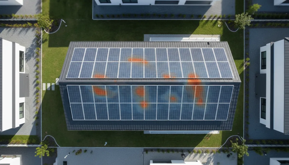Dron realizando inspección térmica de paneles solares en una vivienda Dron realizando inspección térmica de paneles solares en una vivienda
