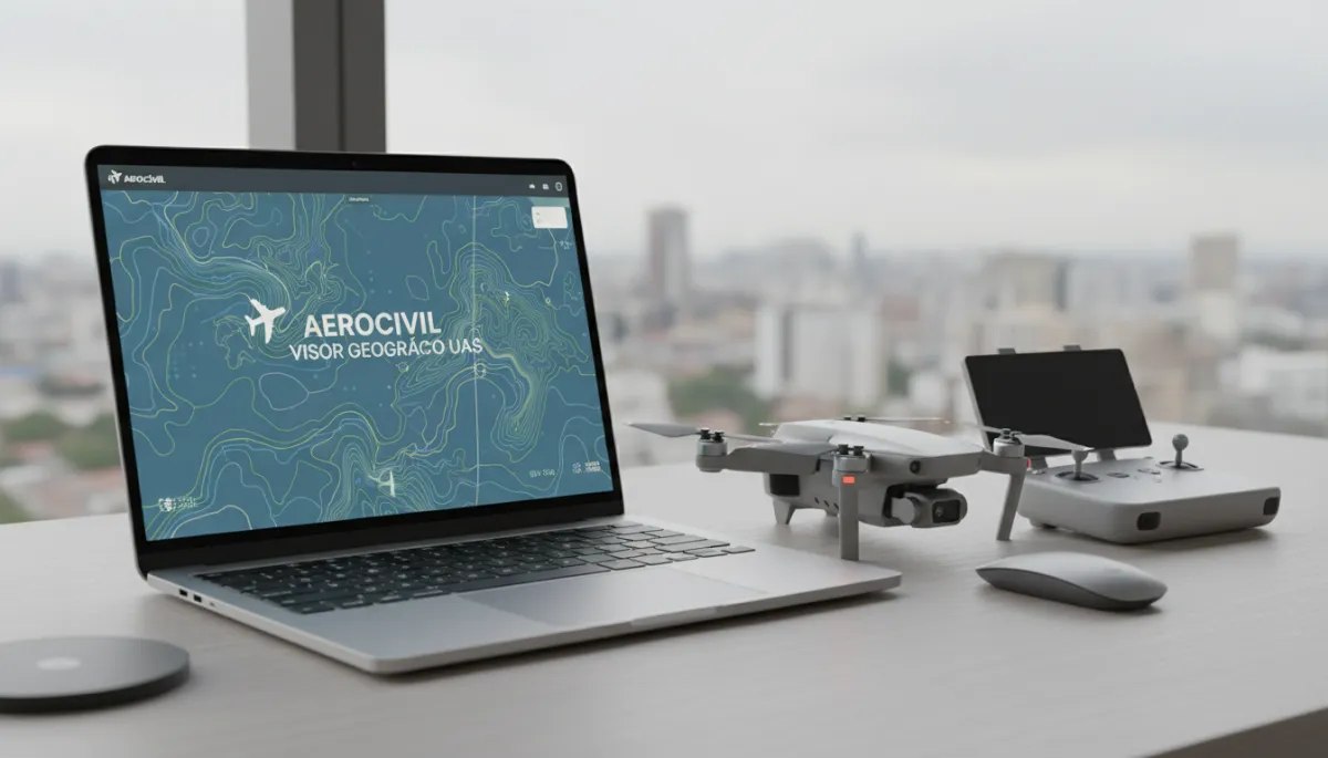 Visor geográfico de Aerocivil abierto en un portátil junto a un dron listo para volar