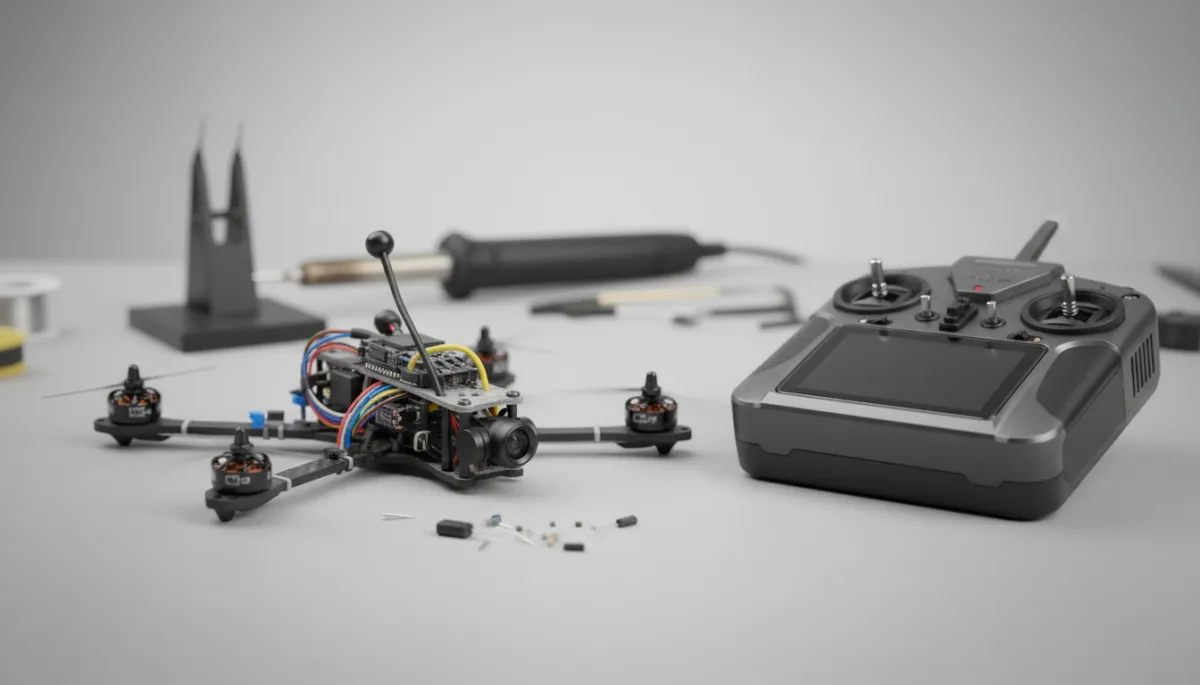 Detalle de un dron FPV y su emisora de radio sobre una mesa Detalle de un dron FPV y su emisora de radio sobre una mesa