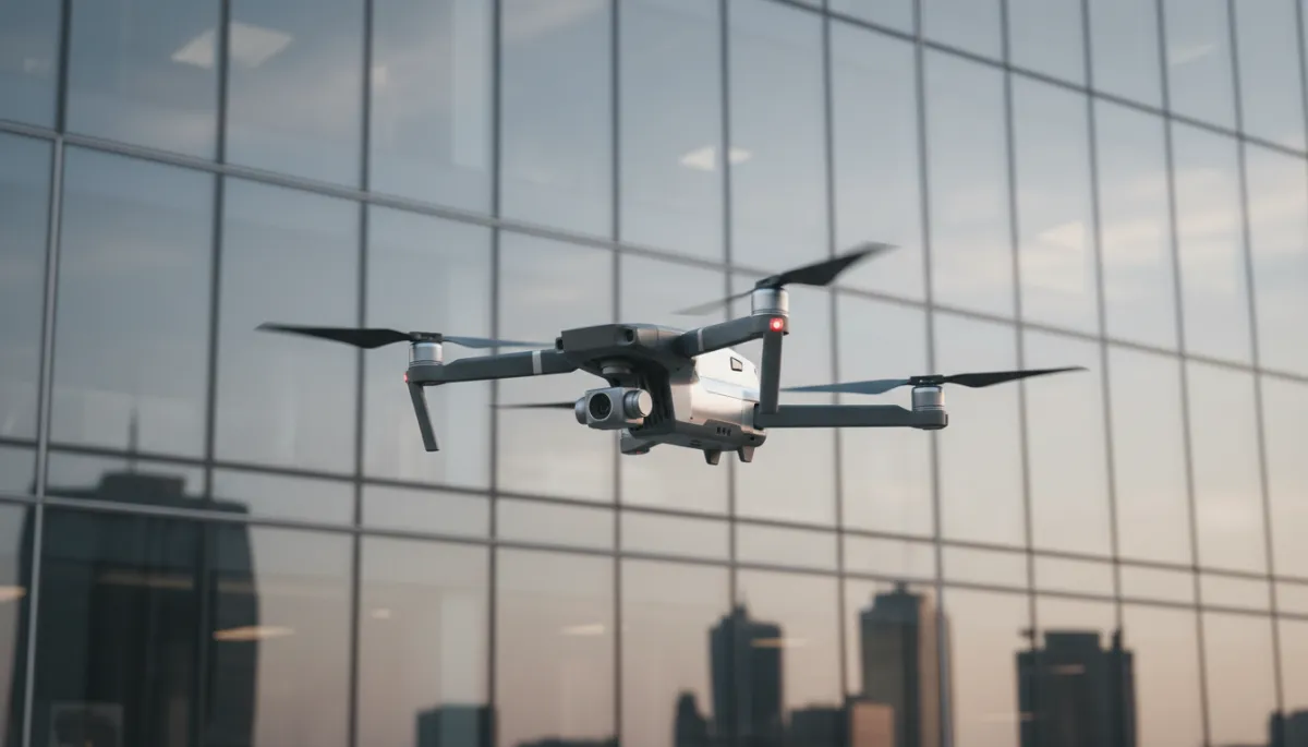 Dron profesional volando cerca de la fachada de un edificio de oficinas moderno