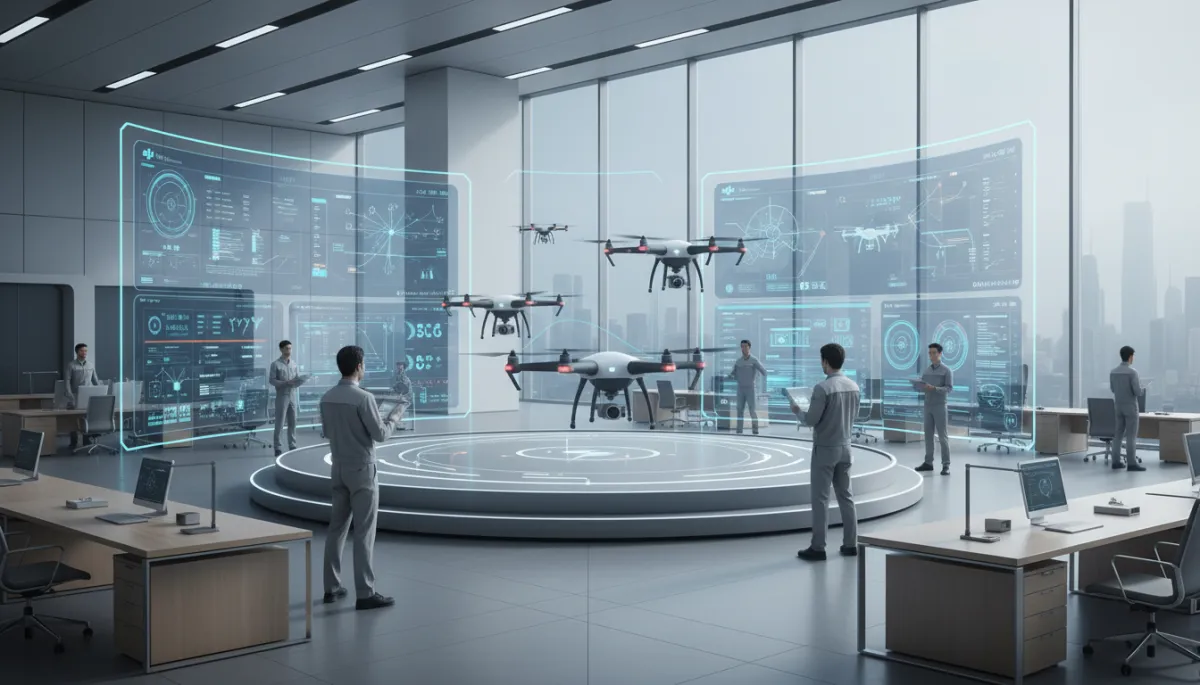 Ingenieros probando drones dentro de la sede principal de DJI Ingenieros probando drones dentro de la sede principal de DJI