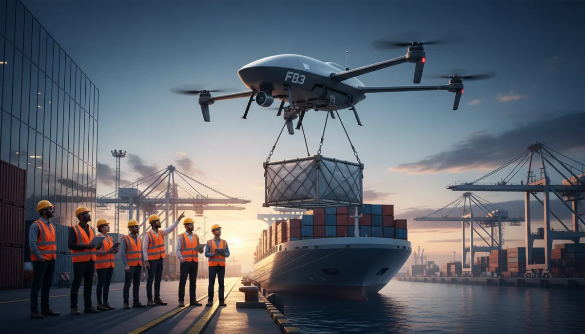 Dron FB3 trasladando carga sobre un muelle industrial en estilo moderno y limpio